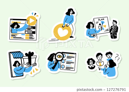 Cartoon Color Social Media Marketing Planning Work Concept Different Scenes Sticker Set Concept Set Flat Design Style. Vector illustration Cartoon Color Social Media Marketing Planning Work Concept Different Scenes Sticker Set Concept Set Flat Design Style. Vector illustration 127276791