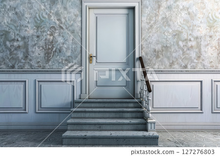 White door with a gold handle sits in front of a wall with a white trim 127276803