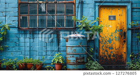 Blue building with a yellow door and a sign on the door 127276805