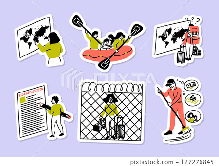 Cartoon Color Migration Realities Concept Different Scenes Sticker Set Flat Design Style. Vector illustration of Choosing Country for Moving 127276845