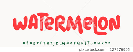 Summer Watermelon, joyful lettering, cartoon rounded typography. Childish font for friendly logo headline of culinary recipe book, sweets, ice cream title. Food typographic design. Vector typeset. Summer Watermelon, joyful lettering, cartoon rounded typography. Childish font for friendly logo headline of culinary recipe book, sweets, ice cream title. Food typographic design. Vector typeset. 127276995