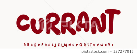 Summer Currant, joyful lettering, cartoon rounded typography. Childish font for friendly logo headline of culinary recipe book, sweets, ice cream title. Food typographic design. Vector typeset. 127277015