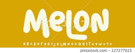 Summer Melon, joyful lettering, cartoon rounded typography. Childish font for friendly logo headline of culinary recipe book, sweets, ice cream title. Food typographic design. Vector typeset. 127277025