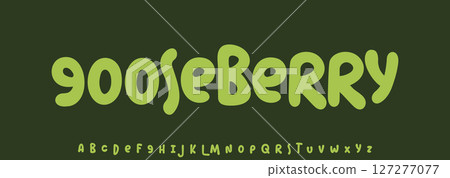 Summer Gooseberry, joyful lettering, cartoon rounded typography. Childish font for friendly logo headline of culinary recipe book, sweets, ice cream title. Food typographic design. Vector typeset. Summer Gooseberry, joyful lettering, cartoon rounded typography. Childish font for friendly logo headline of culinary recipe book, sweets, ice cream title. Food typographic design. Vector typeset. 127277077