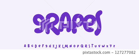 Summer Grapes, joyful lettering, cartoon rounded typography. Childish font for friendly logo headline of culinary recipe book, sweets, ice cream title. Food typographic design. Vector typeset. Summer Grapes, joyful lettering, cartoon rounded typography. Childish font for friendly logo headline of culinary recipe book, sweets, ice cream title. Food typographic design. Vector typeset. 127277082