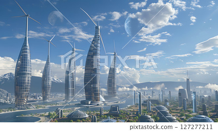 Renewable Energy-Powered Skyscrapers A skyline of futuristic Renewable Energy-Powered Skyscrapers A skyline of futuristic 127277211