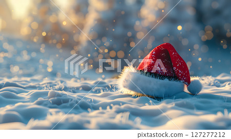 Christmas Red and Black, Santa hat with red fur and black trim on a snowy ground 127277212