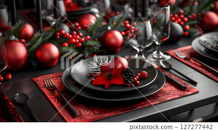 Elegant Christmas table setting with red and black decorative 127277442