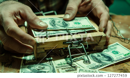 Debt Concept, Investor caught in a giant mousetrap baited with dollar 127277459