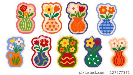 Cartoon decorative flower vases set with colorful floral arrangements in frames flat vector illustration Cartoon decorative flower vases set with colorful floral arrangements in frames flat vector illustration 127277571