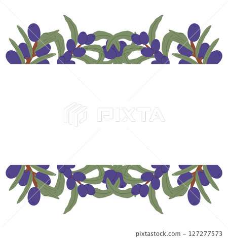 Elegant Botanical Border Frame with Purple Berries and Green Leaves in a Hand-Drawn Decorative Design. 127277573