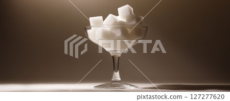 Glass goblet filled with sugar cubes under soft light, minimalist concept 127277620