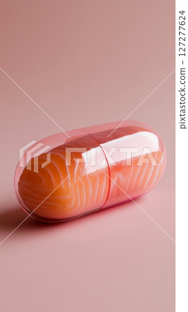 salmon fillet encapsulated in transparent pill on pink background, creative food concept 127277624