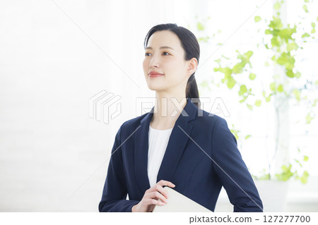 smiling businesswoman with laptop 127277700