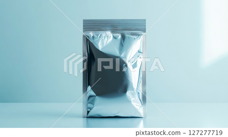 Silver foil pouch on light blue background, minimalist packaging concept 127277719