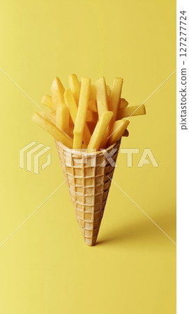 French fries in a waffle cone on yellow background, creative food concept 127277724