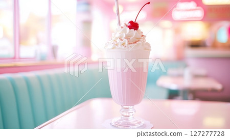 Milkshake in retro diner with cherry on top, vintage nostalgia concept 127277728