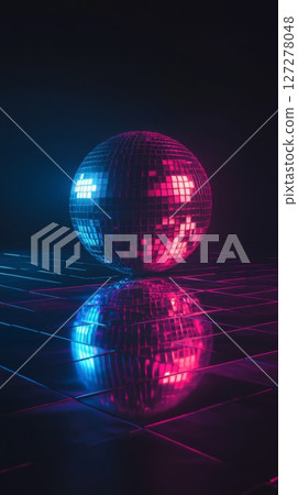 Reflective disco ball with neon pink and blue lighting, futuristic atmosphere. Retro party and nightlife concept 127278048