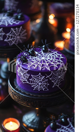 Purple halloween cake with spider web design and candlelight. Festive dessert concept 127278134