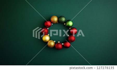 Christmas wreath made of colorful baubles on dark green background. Holiday decoration concept 127278135