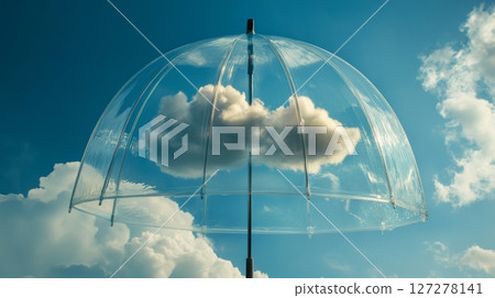 Transparent umbrella with cloud reflections in a blue sky, imaginative concept 127278141