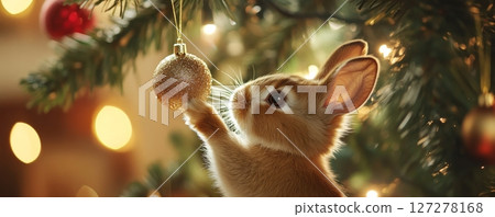 Adorable rabbit decorating christmas tree with golden ornament, cozy holiday atmosphere 127278168
