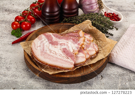 Smoked pork belly slices snack Smoked pork belly slices snack 127278223