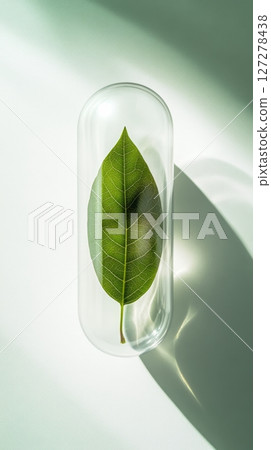 Green leaf encased in a transparent capsule, nature preservation concept Green leaf encased in a transparent capsule, nature preservation concept 127278438