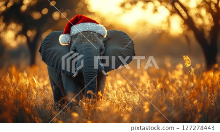 Elephant in a santa hat at sunset in a golden field, festive holiday concept Elephant in a santa hat at sunset in a golden field, festive holiday concept 127278443