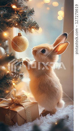 Cute bunny near christmas tree with golden ornament and gift 127278619