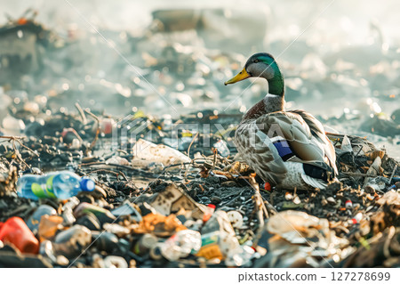 Duck is sitting on a pile of trash 127278699