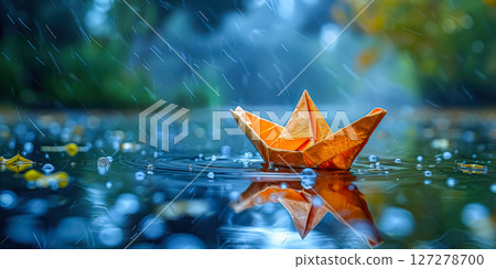 Yellow boat is floating in a river with rain falling on it. 127278700