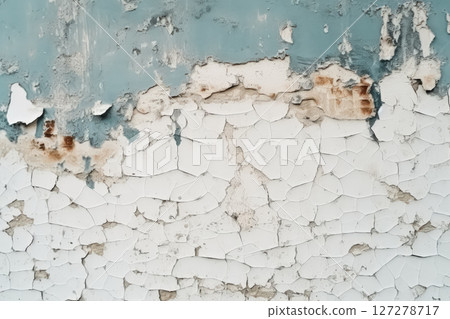 The wall is covered in peeling paint and has a blue and yellow color scheme. 127278717