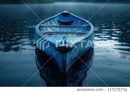 Blue canoe sits in a lake, with the water reflecting the boat's shape 127278738