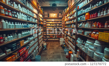 Store with many shelves of medicine 127278772