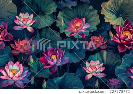 Colorful painting of a field of flowers with a blue background 127278773