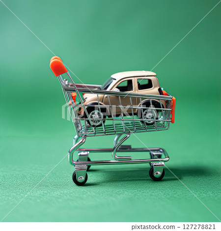Toy car is sitting on a shopping cart Toy car is sitting on a shopping cart 127278821