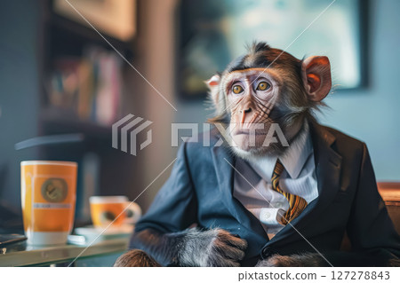 Monkey is sitting at a desk with a laptop and a cup of coffee. Monkey is sitting at a desk with a laptop and a cup of coffee. 127278843