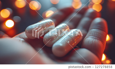 Three white pills are held in a hand 127278858