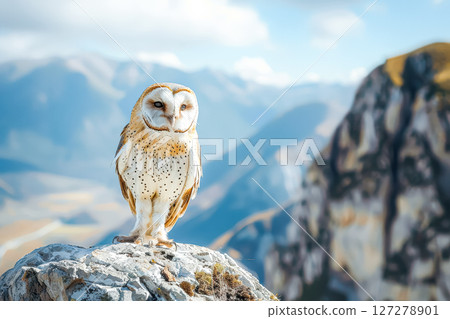 Small owl is perched on a rock in front of a mountain range 127278901