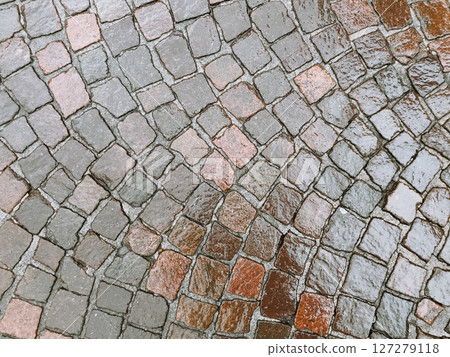 A brick walkway with a wet surface A brick walkway with a wet surface 127279118