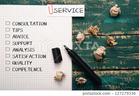 Piece of paper with a list of words and a black marker on it Piece of paper with a list of words and a black marker on it 127279336