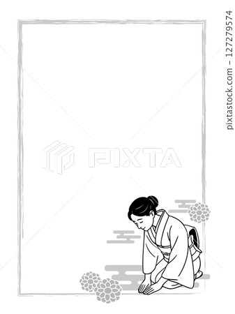 Japanese style frame background: A woman in a kimono bowing in seiza position 127279574