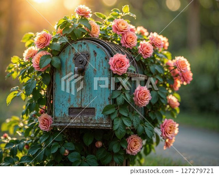 Old rustic mailbox with blooming pink roses in garden 127279721