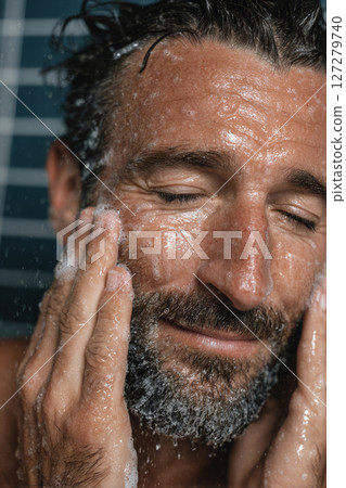 Wet bearded man touching face during skincare routine 127279740