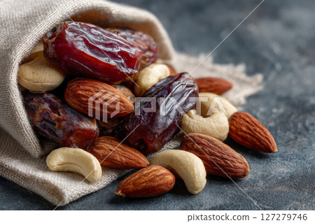 Natural dried fruits and nuts in fabric sack on rustic background Natural dried fruits and nuts in fabric sack on rustic background 127279746