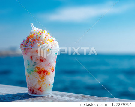 Shaved ice at a cafe with a sea view AI image 127279794