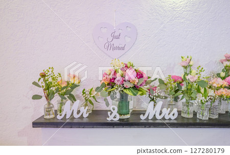 Wedding decor. Close up of a wedding table decoration with white and pink flowers and candles Wedding floristic concept Wedding decor. Close up of a wedding table decoration with white and pink flowers and candles Wedding floristic concept 127280179