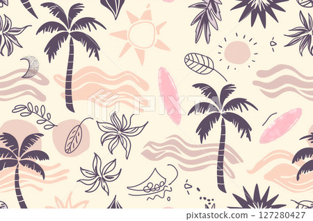 Tropical summer pattern with tropical fruits and palm trees 127280427