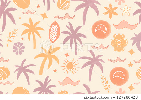 Tropical summer pattern with tropical fruits and palm trees 127280428